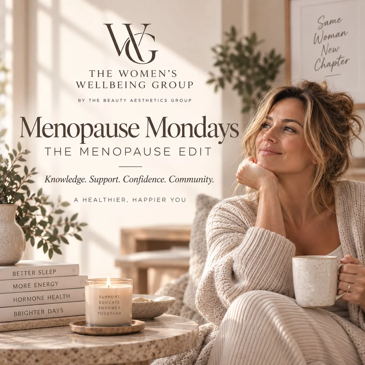 Menopause Mondays: The Menopause Edit: a woman relaxing with a mug of tea in soft morning light