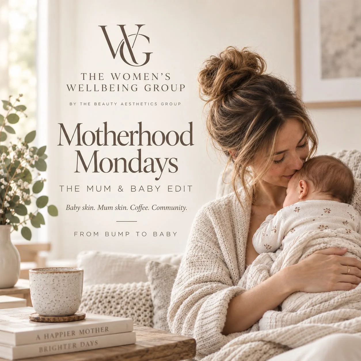 Motherhood Mondays: The Mum & Baby Edit: a mum cradling her baby in a calm, sunlit living room